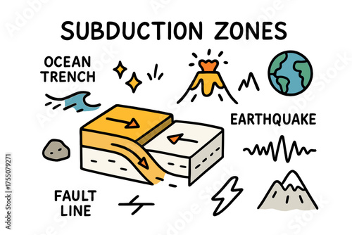 Tectonic Plates Doodle. Subduction Zones. Hand-drawn doodle illustration tectonic plates (colored), arrows (colored), volcano, ocean trench