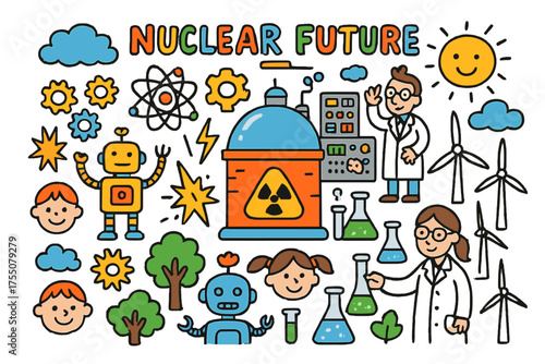Futuristic Energy Doodles. Nuclear Future. Colorful Hand-drawn doodle Children illustration futuristic reactor, atom symbol, gears, robots, control panel,