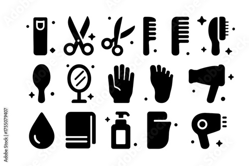 Grooming Essentials Icons. Personal grooming. Solid icons set of Personal grooming: nail clipper, scissors, razor, comb, brush, mirror, hand, foot, droplet,