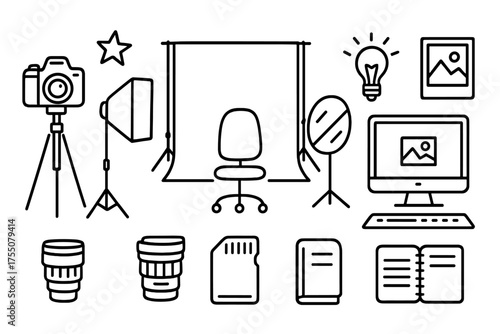Photography Studio Doodles. Studio setup. Hand-drawn doodle illustration studio setup camera, tripod, softbox, backdrop, reflector, lens, star,