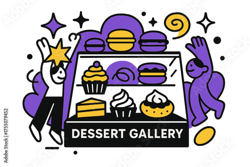 Colorful Dessert Showcase. Dessert Gallery. A glowing showcase of colorful macarons and pastries, abstract floating spark and swirl icons symbolizing beauty.