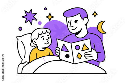Bedtime Reading Magic. Bedtime Reading Ritual. Parent showing abstract book to child on bed, floating geometric stars and playful shapes, calm and intimate
