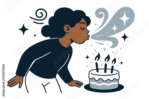 Dreamy Candle Moments. Blowing out candles. Glowing breath extinguishing tiny flames on cake with sparkles rising. Floating icons of wind swirl, star, and