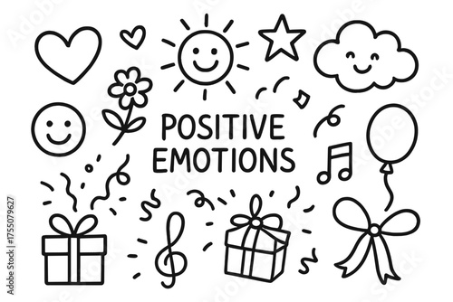 Positive Doodle Icons. Clio Goddess banner, flat vector illustration, bold oversized text inside rectangular frame, cartoon characters standing and pointing at