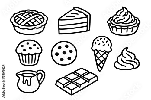 Dessert Doodle Art. Dessert. Hand-drawn doodle illustration Dessert apple pie cake tart muffin cookie ice cream caramel chocolate sprinkles whipped cream.