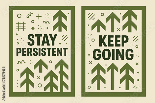 Motivational Banner Duo. Inspiration. Two vertical A6 banners with safe margins, centered composition, no elements touching edges, memphis style, olive green