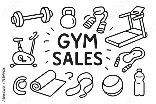 Gym Equipment Doodle. Gym Sales. Hand-drawn doodle illustration Gym Sales dumbbell kettlebell treadmill exercise bike yoga mat resistance band jump rope