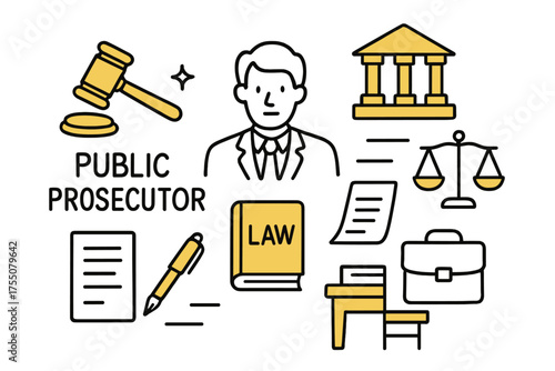 Legal Doodle Icons. Public Prosecutor. Hand-drawn doodle illustration gavel (colored), law book, courthouse (colored), lawyer, desk (colored), document, pen