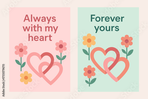 Heartfelt Banners Design. Always with my heart. Two vertical A6 banners with safe margins, centered composition, no elements touching edges, flat vector