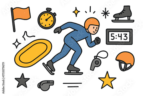 Skater Rink Doodles. Long Track. Hand-drawn doodle illustration skater (colored), oval rink (colored), flag, stopwatch (colored), skates, sparkle, scoreboard,