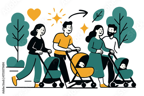 Families Enjoying Nature. Families outdoors. Parents glowing as they push strollers along a tree-lined promenade. Floating icons of heart, leaf, and sparkle