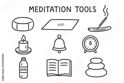 Meditation Tools Icons. Meditation Tools. Hand-drawn doodle illustration Meditation Tools cushion mat incense candle bell timer water bottle notebook stone.