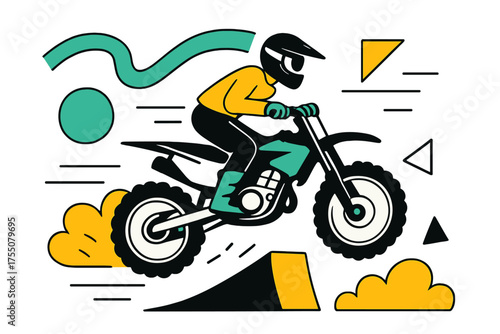 Dynamic Motocross Geometric Scene. Motocross Training. Rider practicing abstract geometric motocross course, floating motion lines, ramps, and dust shapes,