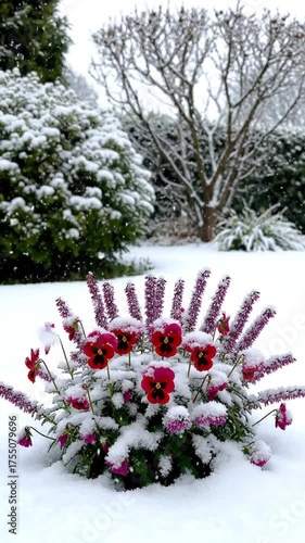 Snow covered flowers in winter garden with blooming red flowers