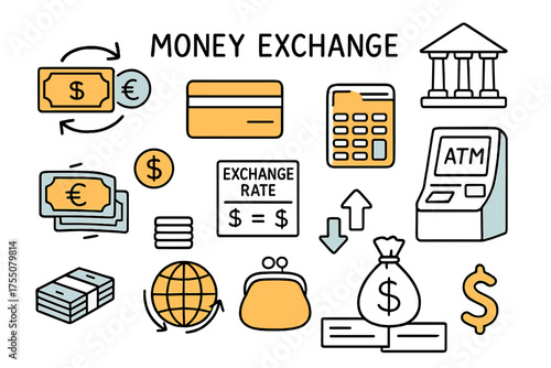 Currency Exchange Doodles. Money Exchange. Hand-drawn doodle illustration money exchange currency notes (accented), coins, bank building (accented), credit