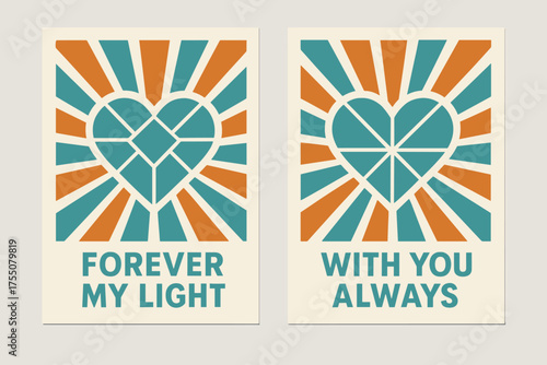 Radiant Heart Banners. Affection. Two vertical A6 banners with safe margins, centered composition, no elements touching edges, geometric style, turquoise and