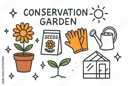 Garden Doodle Elements. Conservation Garden. Hand-drawn doodle illustration rare flower (colored), seed packet (colored), pot (colored), sparkle, star,