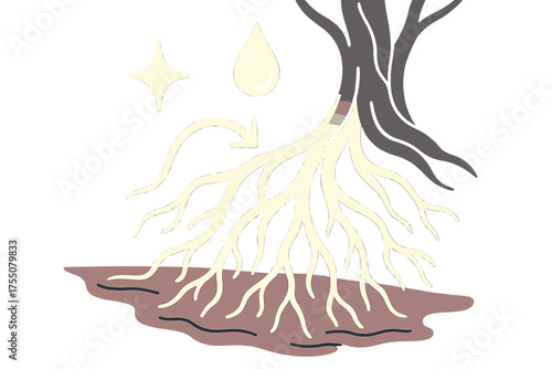 Nourishing Roots. Roots and water. Glowing tree roots dipping into a stream, absorbing nourishment. Floating icons of sparkle, droplet, and arrow symbolizing