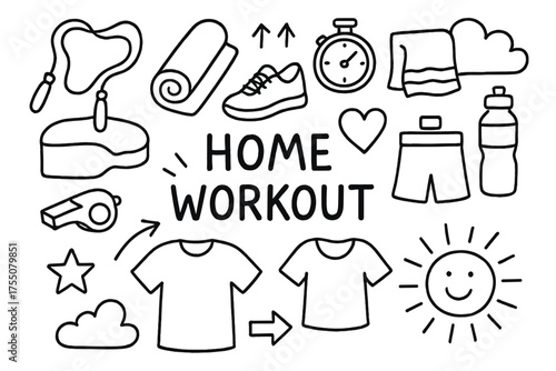 Home Workout Essentials. Home workout. Hand-drawn doodle illustration home workout jump rope, yoga mat, sneakers, stopwatch, towel, water bottle, heart,