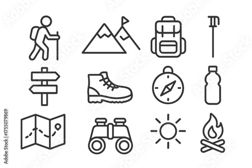 Trail Hiking Icons. Trail hiking. Line icon set of Trail hiking: hiker, mountain peak, backpack, trekking pole, trail sign, hiking boots, compass, water