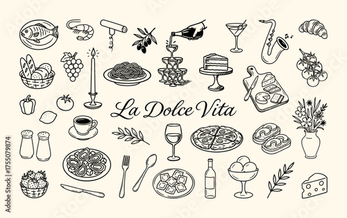 Hand-drawn Italian food and lifestyle icons including pasta, wine, pizza, cheese, and more. Elegant black and white sketch style. La Dolce Vita Italian Food and Lifestyle Doodle Set. Vector graphic