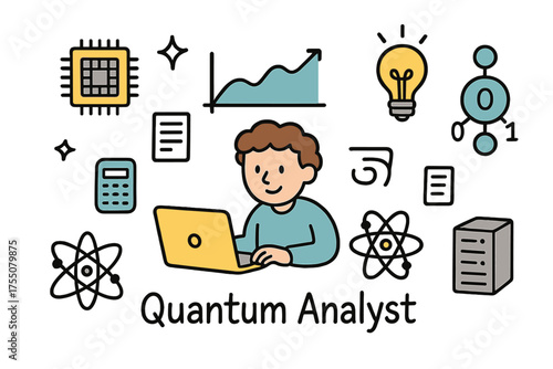 Quantum Analysis Doodle. Quantum Analyst. Hand-drawn doodle illustration person at laptop (colored), quantum chip, graph (colored), lightbulb, qubit (colored),