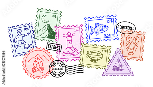 Colorful Vintage Postage Stamp Illustrations Collection. A playful set of vintage-style doodles – marks featuring travel, nature. Cute postage stamps and cancellation stamps. Vector graphic set.