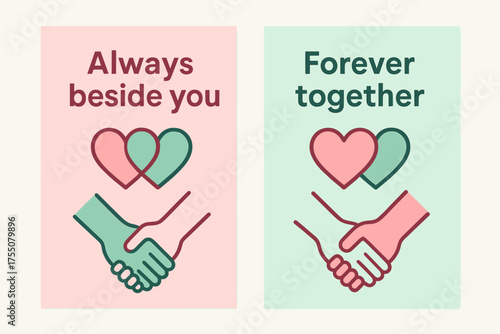Intertwined Hearts. Always beside you. Two vertical A6 banners with safe margins, centered composition, no elements touching edges, flat vector design, pastel
