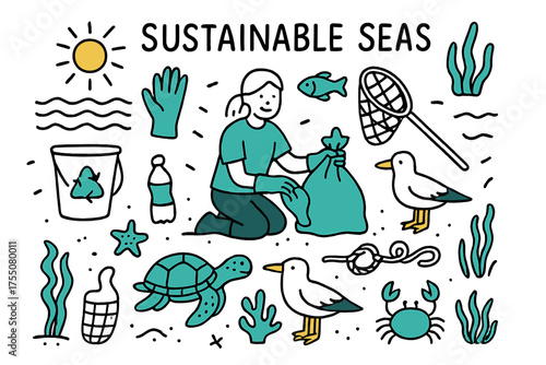 Ocean Cleanup Illustration. Sustainable Seas. Hand-drawn doodle illustration Ocean, volunteer, gloves, trash bag, net, bucket, plastic bottle, fish, turtle,