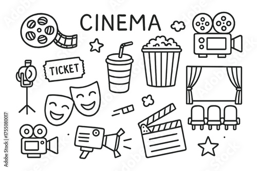 Cinema Icons Doodle. Cinema. Hand-drawn doodle illustration cinema film reel, popcorn, soda cup, ticket, clapperboard, screen, projector, comedy mask, tragedy
