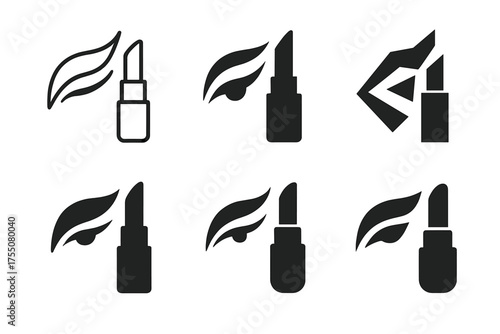 Stage Makeup Logos. Makeup for Stage Performance. Set Logo of Makeup for Stage Performance: stylized eyeliner and lipstick icon. harmonious logo variations of