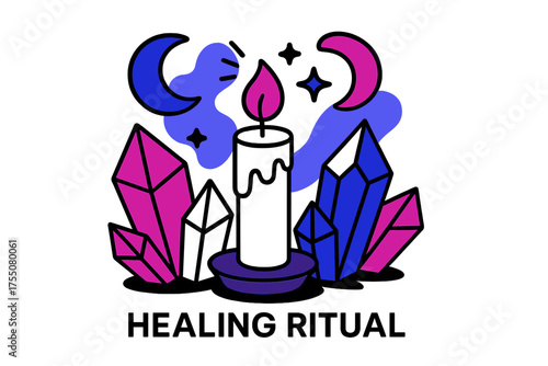 Serene Healing Ritual. Healing Ritual. Candle surrounded by abstract geometric crystals and floating light shapes, serene and spiritual mood, reflective
