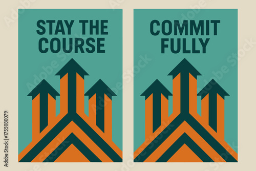 Geometric Motivation Banners. Determination. Two vertical A6 banners with safe margins, centered composition, no elements touching edges, geometric style,
