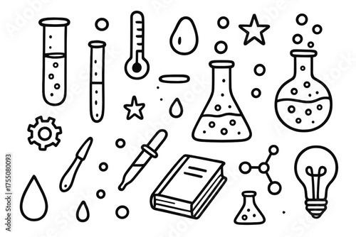 Science Doodle Icons. Conical flask. Hand-drawn doodle illustration conical flask beaker, test tube, round-bottom flask, droplet, bubble, thermometer, star,