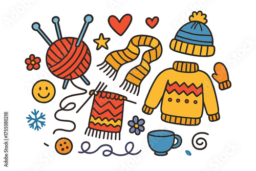 Colorful Knitting Doodles. Knitting. Colorful Hand-drawn doodle Children illustration ball of yarn, knitting needles, scarf, sweater, hat, mitten, heart, star,