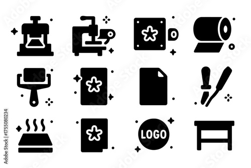 Printing Icon Grid. Printing Workshop. Solid icons set of Printing Workshop: stamping press, hot foil machine, metal die, foil roll, ink roller, engraved