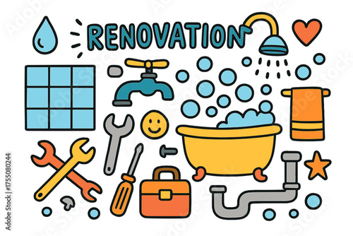 Playful Bathroom Renovation. Bathroom Renovation. Colorful Hand-drawn doodle Children illustration bathtub, tile, faucet, water droplet, towel, bubble, wrench,