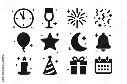 New Year's Icons. New Year?s Eve. Solid icons set of New Year?s Eve: clock striking midnight, champagne glass, fireworks, confetti, balloon, star, moon, bell,