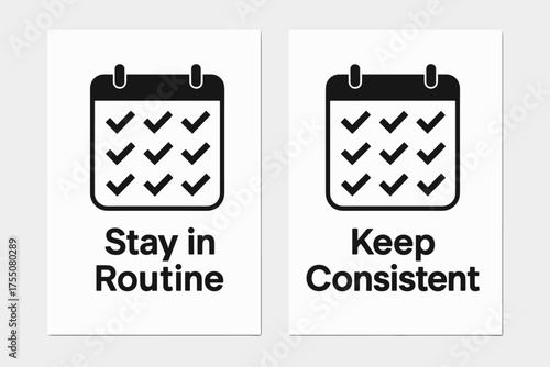 Routine and Consistency Banners. Motivation. Two vertical A6 banners with safe margins, centered composition, no elements touching edges, flat vector design,