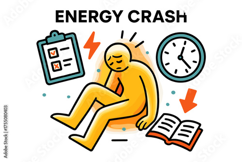 Motivation Collapse. Energy Crash. A glowing figure surrounded by unfinished tasks with spark and arrow icons fading, symbolizing collapse of motivation.