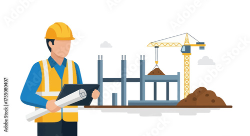 Construction engineer in a hard hat and safety vest overseeing a building project.
