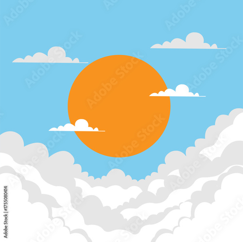 Minimal flat blue sky with sun and clouds vector illustration background 