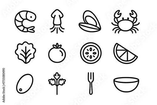 Seafood Salad Icons. Seafood salad. Line icon set of Seafood salad: shrimp, squid, mussel, crab, lettuce, cherry tomato, cucumber slice, lemon wedge, olive,