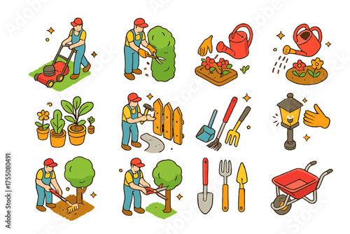 Property Maintenance Icons. Property maintenance. Colorful isometric vector icons set of property maintenance: grass cutting, hedge trimming, flower bed care,