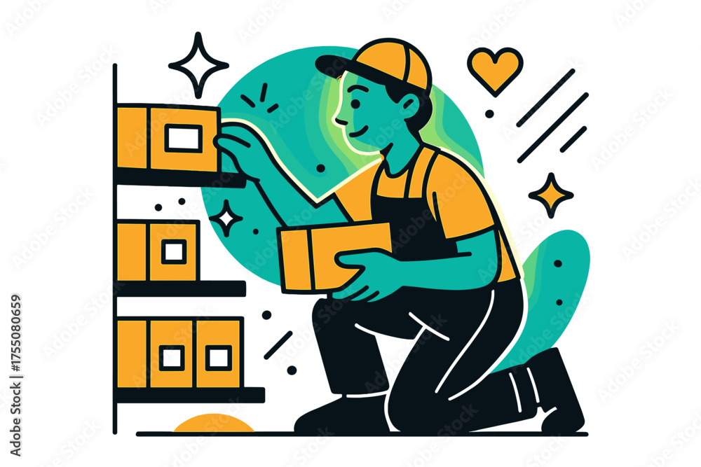 Organized Shelves Harmony. Stocking Shelves. A glowing supermarket worker placing boxes neatly, abstract floating spark and line icons symbolizing order and