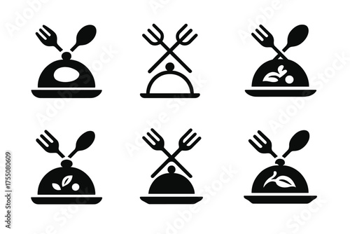 Diverse Banquet Logos. Banquet. Set Logo of Banquet: platter with utensils and food. harmonious logo variations of the same emblematic concept, each with