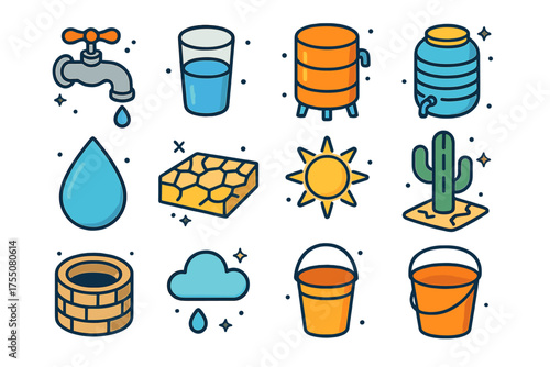 Water Conservation Icons. Saving Water. Colorful isometric vector icons set of saving water: faucet, glass of water, water tank, rain barrel, desalination