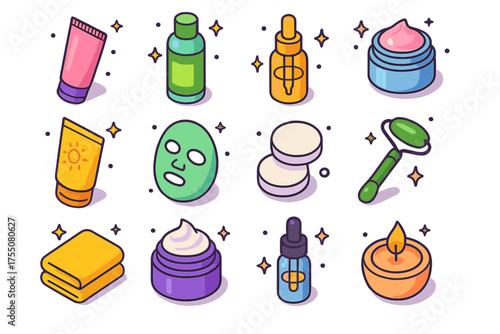Colorful Facial Care Icons. Facial Care. Colorful isometric vector icons set of facial care: cleanser tube, toner bottle, serum bottle, moisturizer, sunscreen,