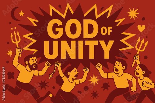 God of Unity Banner. God of Unity banner, flat vector illustration, bold oversized text inside splash explosion, cartoon characters running and shouting,