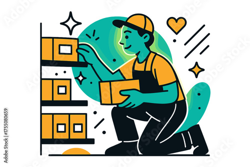 Organized Shelves Harmony. Stocking Shelves. A glowing supermarket worker placing boxes neatly, abstract floating spark and line icons symbolizing order and